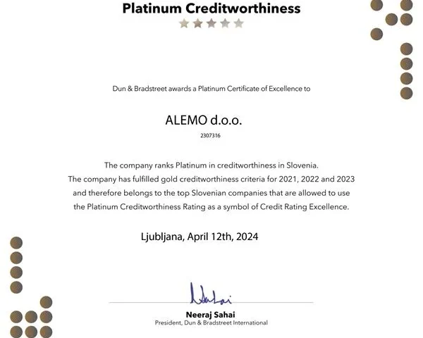 Certificato Platinum ALEMO Foam Machinery 2024